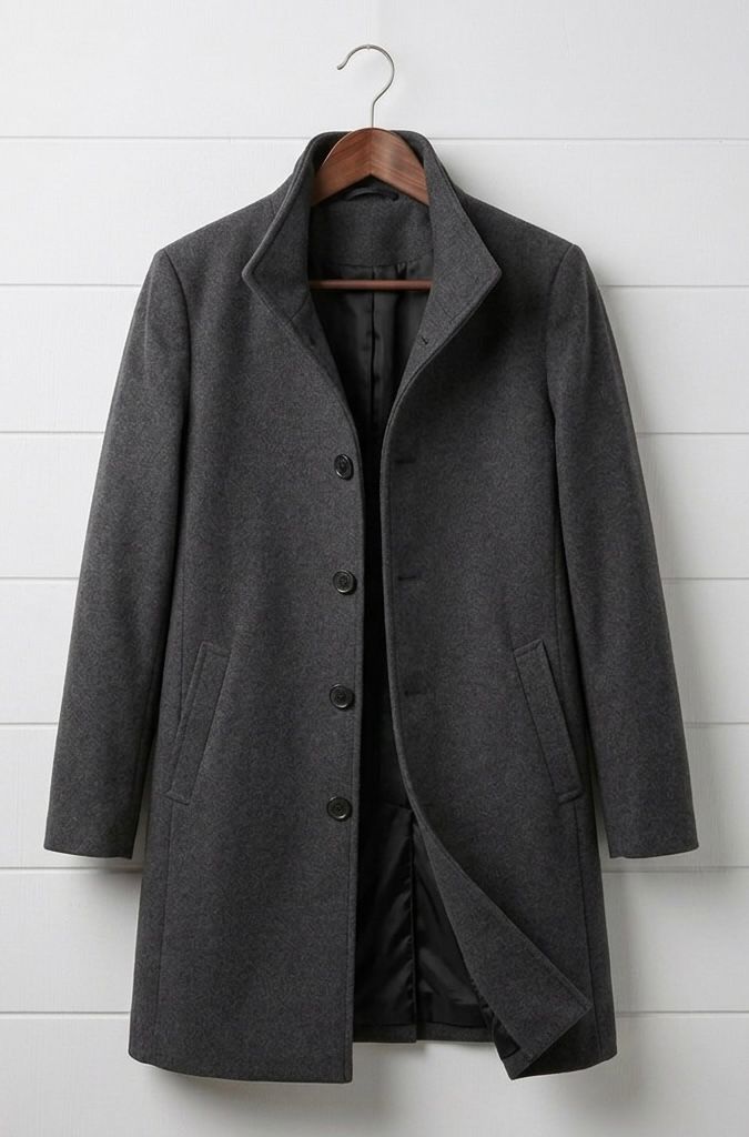 Women's long tailored coat with notched lapels, button front and welt pockets