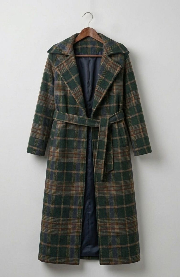 Women's green checked longline coat with notched lapels and tie belt