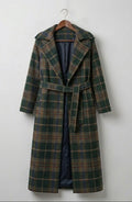 Women's green checked longline coat with notched lapels and tie belt