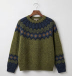 Green Nordic geometric knit jumper with navy and mustard pattern bands