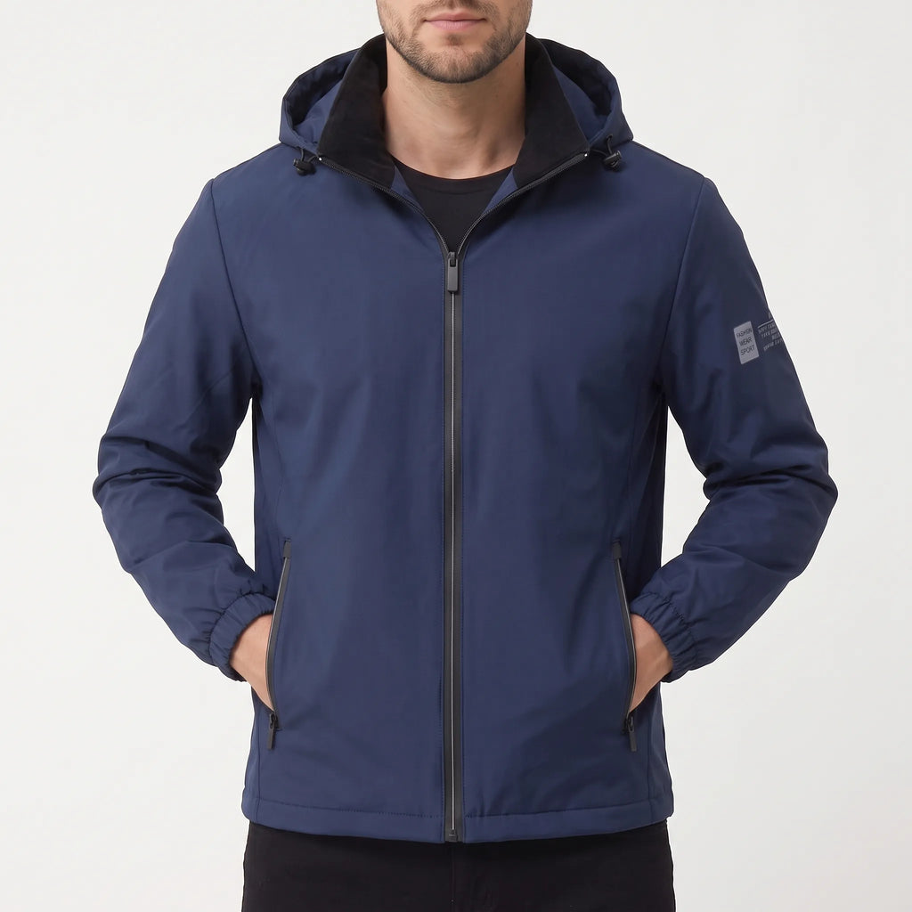 Men's hooded windbreaker jacket with full zip and zipped pockets