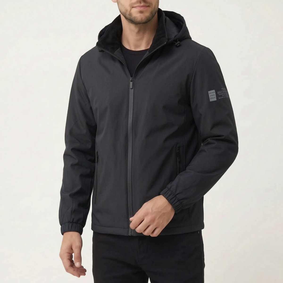Men's hooded windbreaker jacket with full zip and zipped pockets