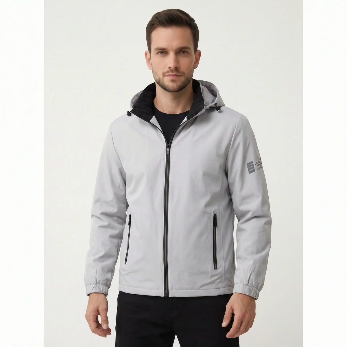 Men's hooded windbreaker jacket with full zip and zipped pockets
