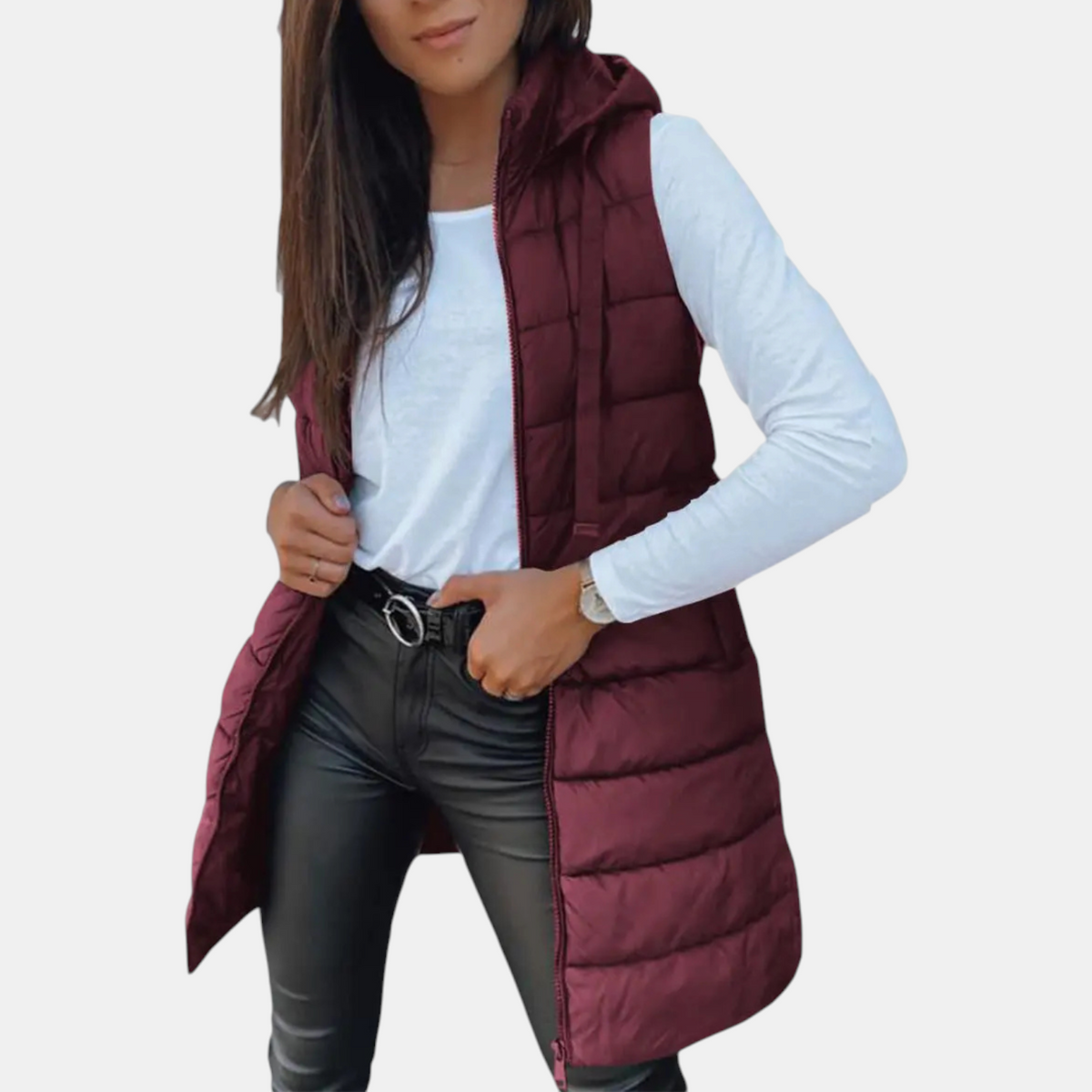 Women's longline hooded puffer gilet with horizontal quilting and zip front