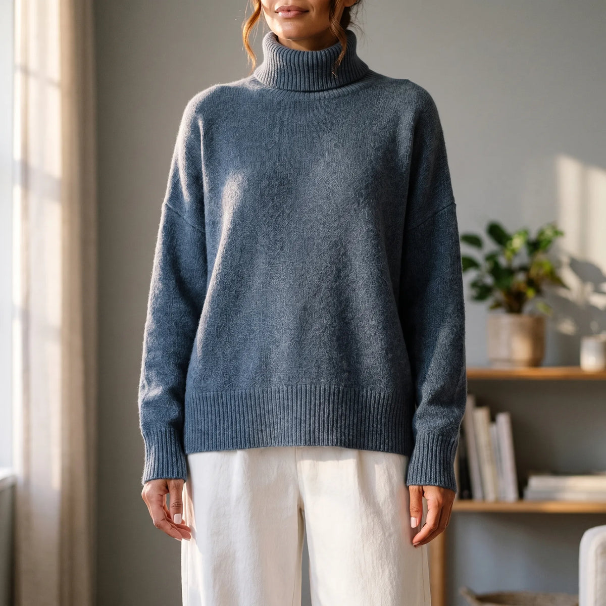 Women's oversized turtleneck jumper with long sleeves and ribbed trims