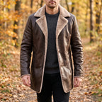 Men's textured winter coat with contrasting fleece-like trim and button front