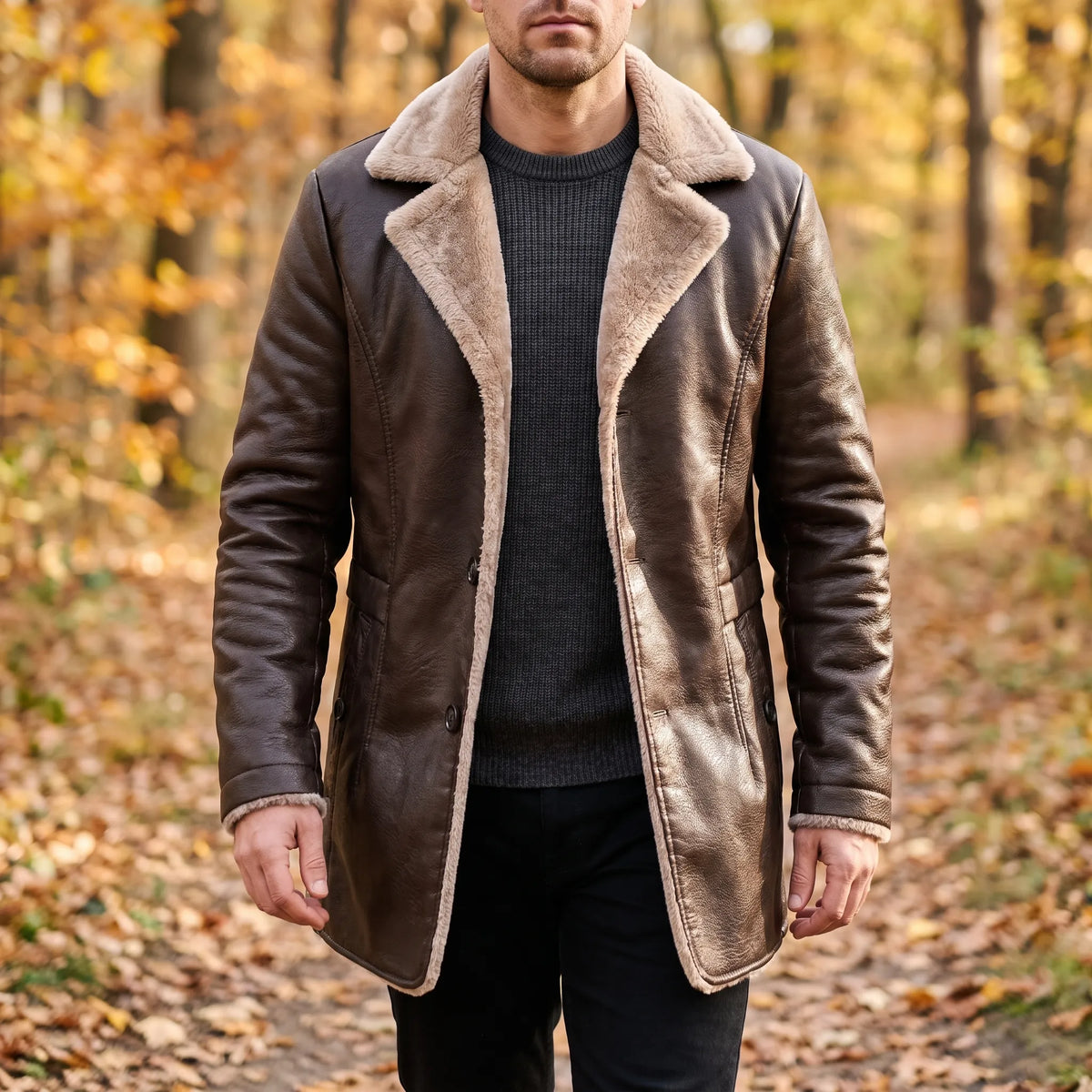 Men's textured winter coat with contrasting fleece-like trim and button front