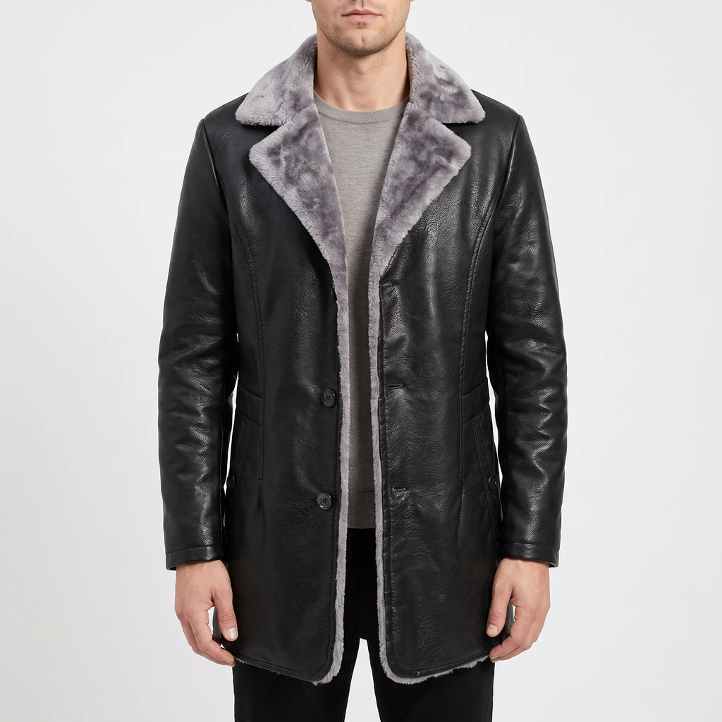 Men's textured winter coat with contrasting fleece-like trim and button front