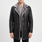 Men's textured winter coat with contrasting fleece-like trim and button front