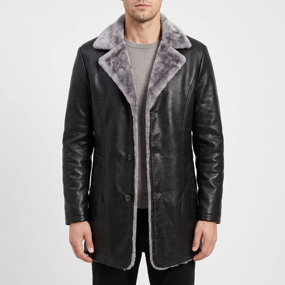 Men's textured winter coat with contrasting fleece-like trim and button front