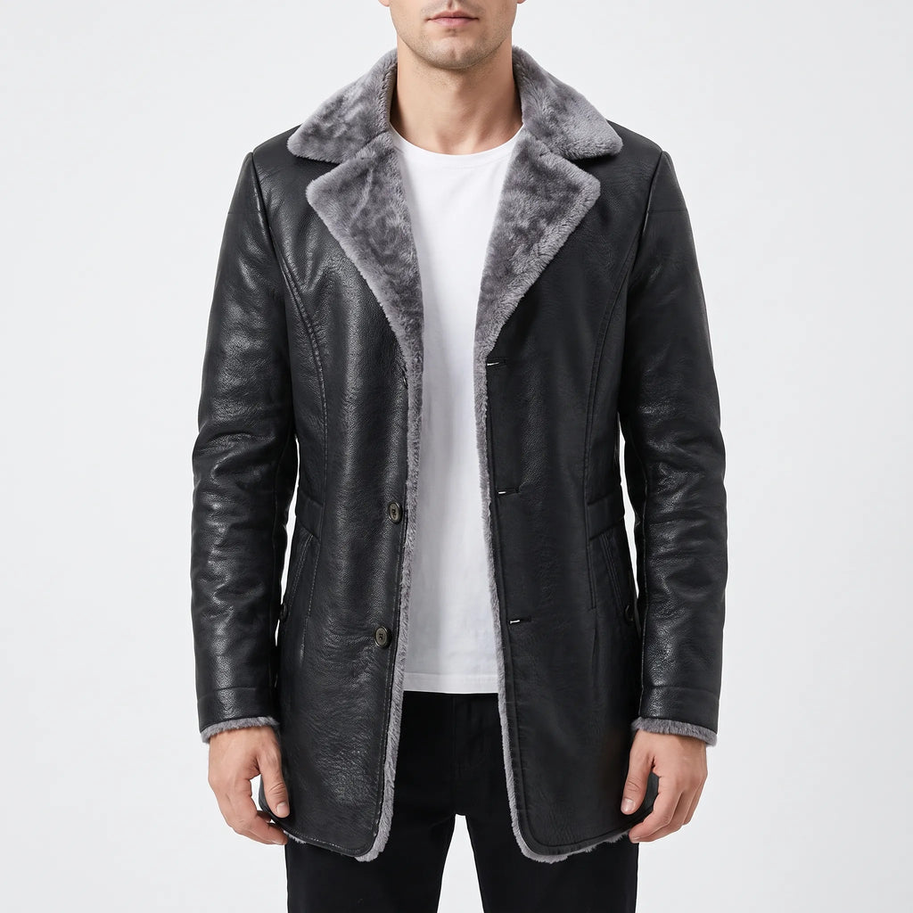 Men's textured winter coat with contrasting fleece-like trim and button front