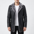 Men's textured winter coat with contrasting fleece-like trim and button front