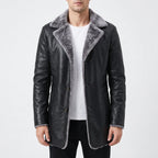 Men's textured winter coat with contrasting fleece-like trim and button front