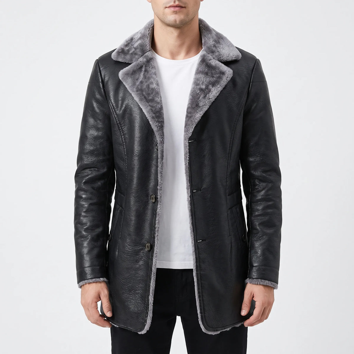Men's textured winter coat with contrasting fleece-like trim and button front