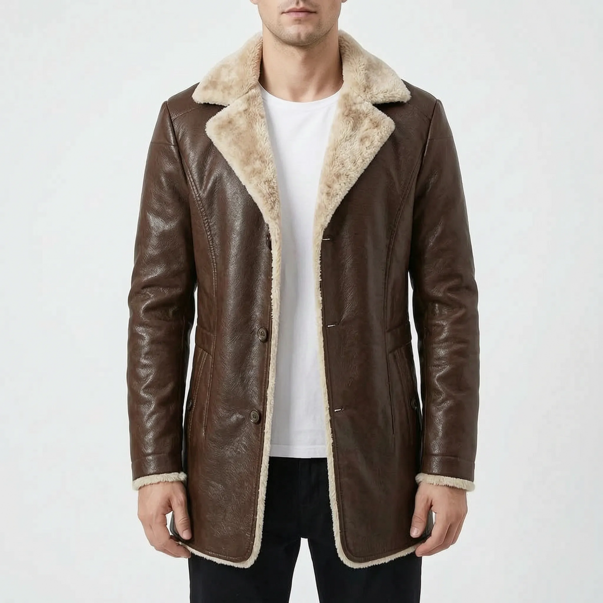 Men's textured winter coat with contrasting fleece-like trim and button front