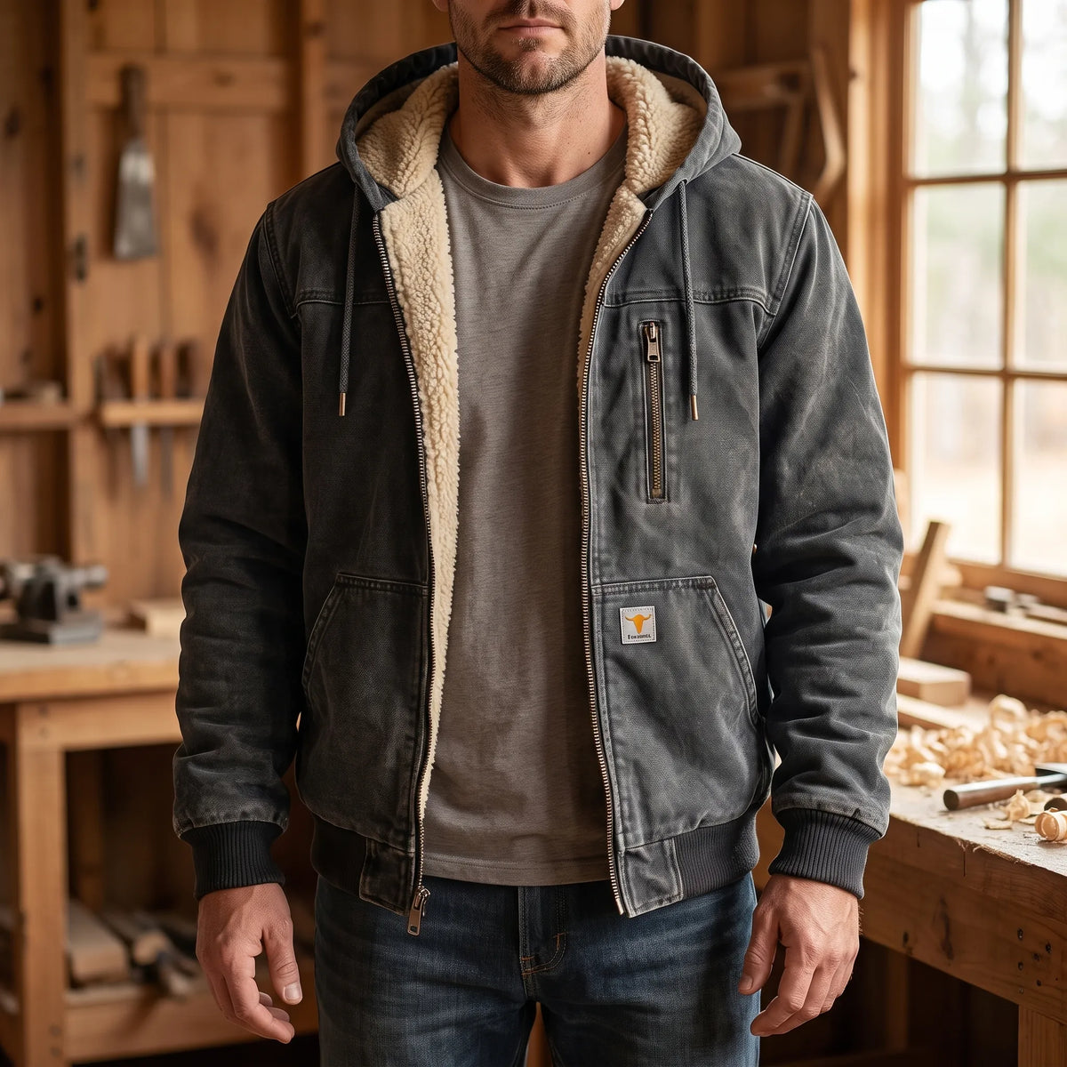 Men's grey hooded jacket with cream fleece-textured lining and zip pockets