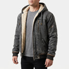Men's grey hooded jacket with cream fleece-textured lining and zip pockets