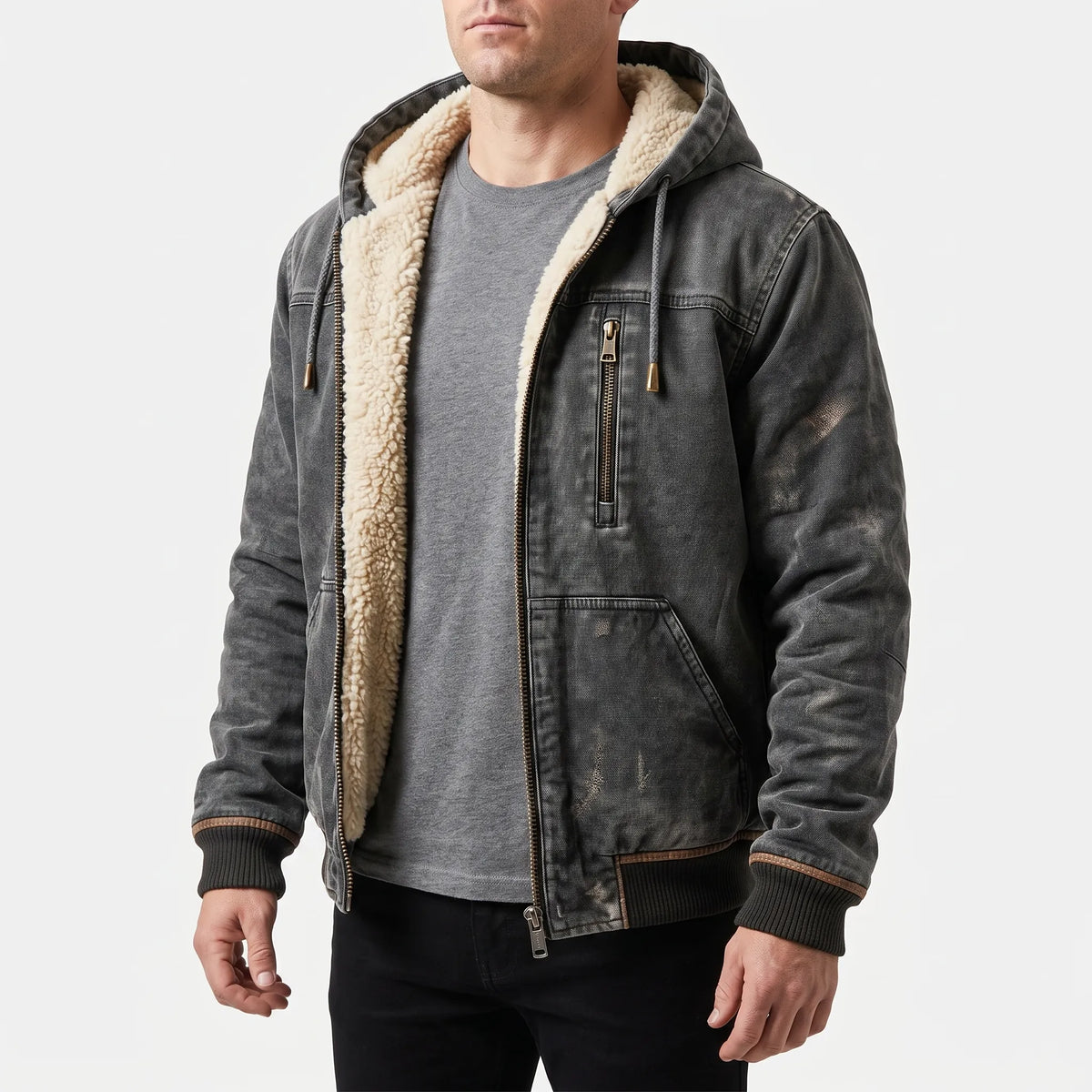 Men's grey hooded jacket with cream fleece-textured lining and zip pockets