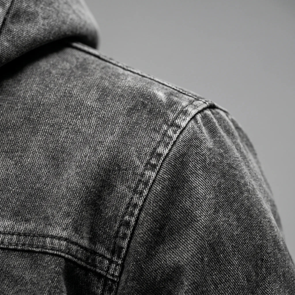 Men's grey hooded jacket with cream fleece-textured lining and zip pockets