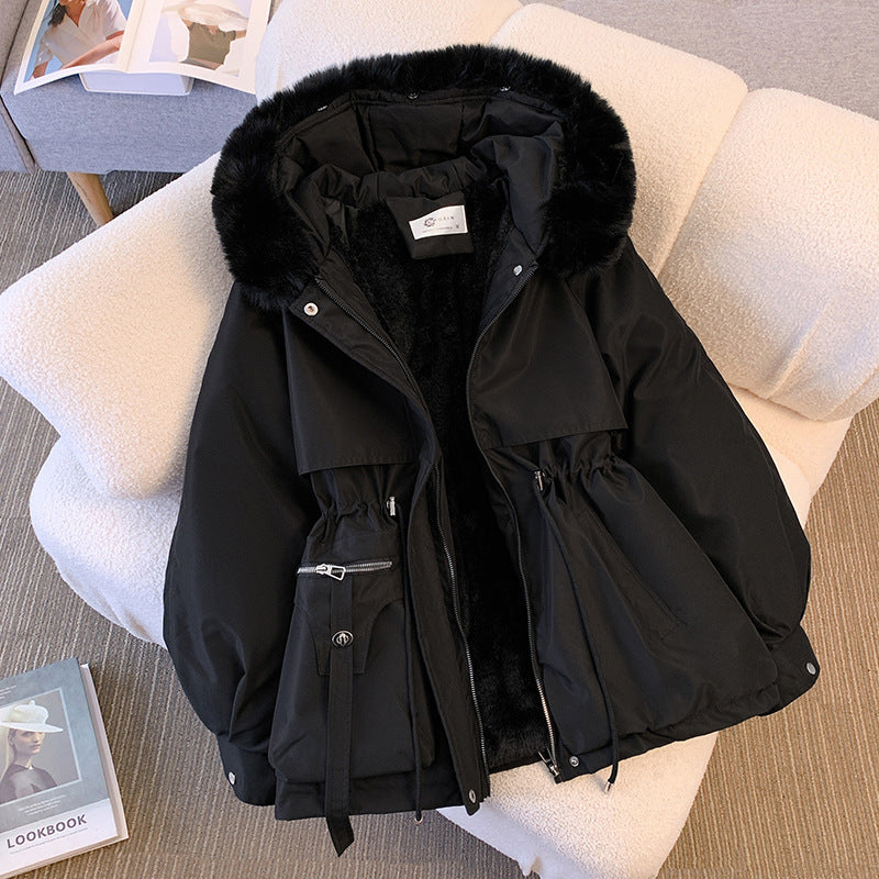 Women's hooded winter parka jacket with fur-trimmed hood and waist drawcord