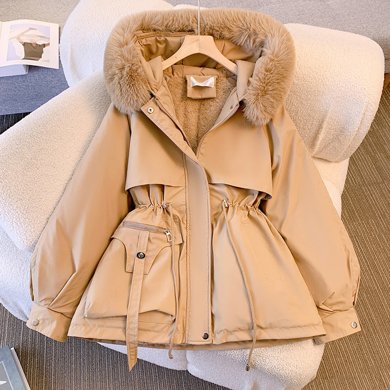 Women's hooded winter parka jacket with fur-trimmed hood and waist drawcord