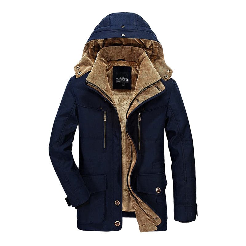 Men's hooded winter parka jacket with multiple pockets and high collar