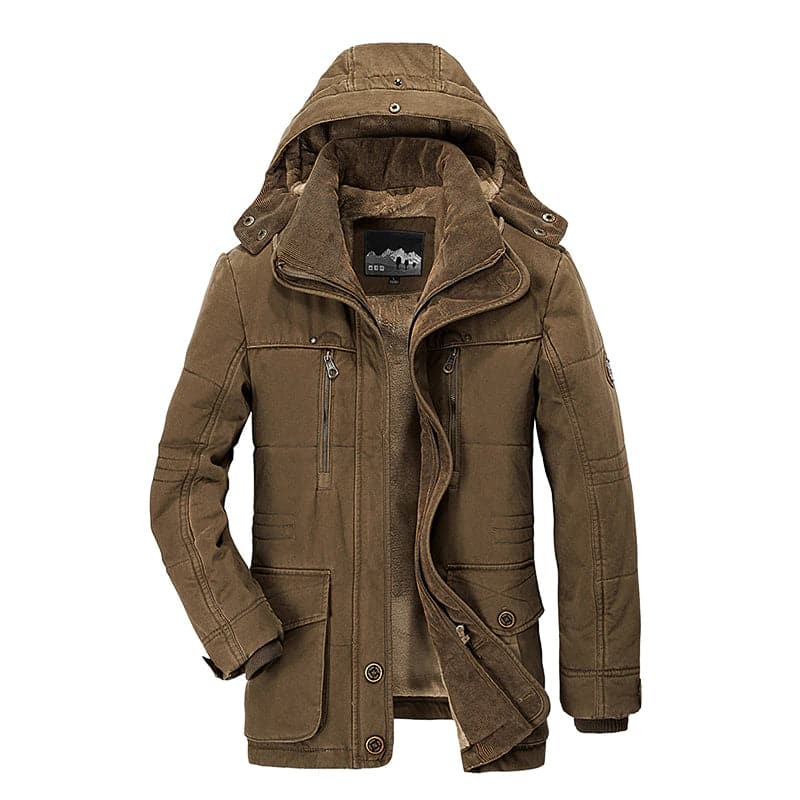 Men's hooded winter parka jacket with multiple pockets and high collar