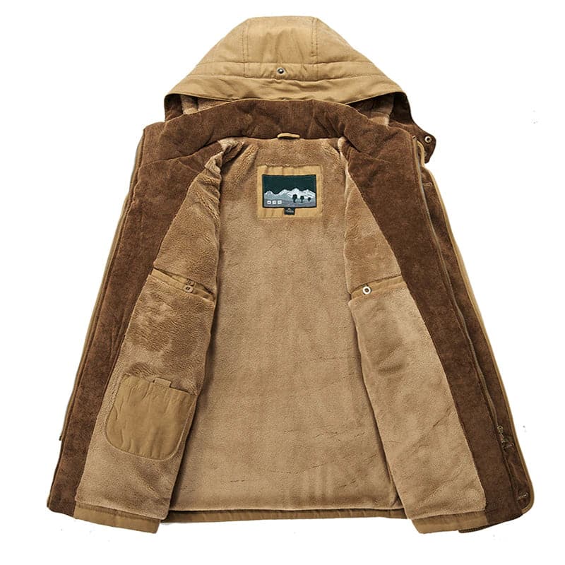 Men's hooded winter parka jacket with multiple pockets and high collar