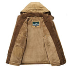 Men's hooded winter parka jacket with multiple pockets and high collar