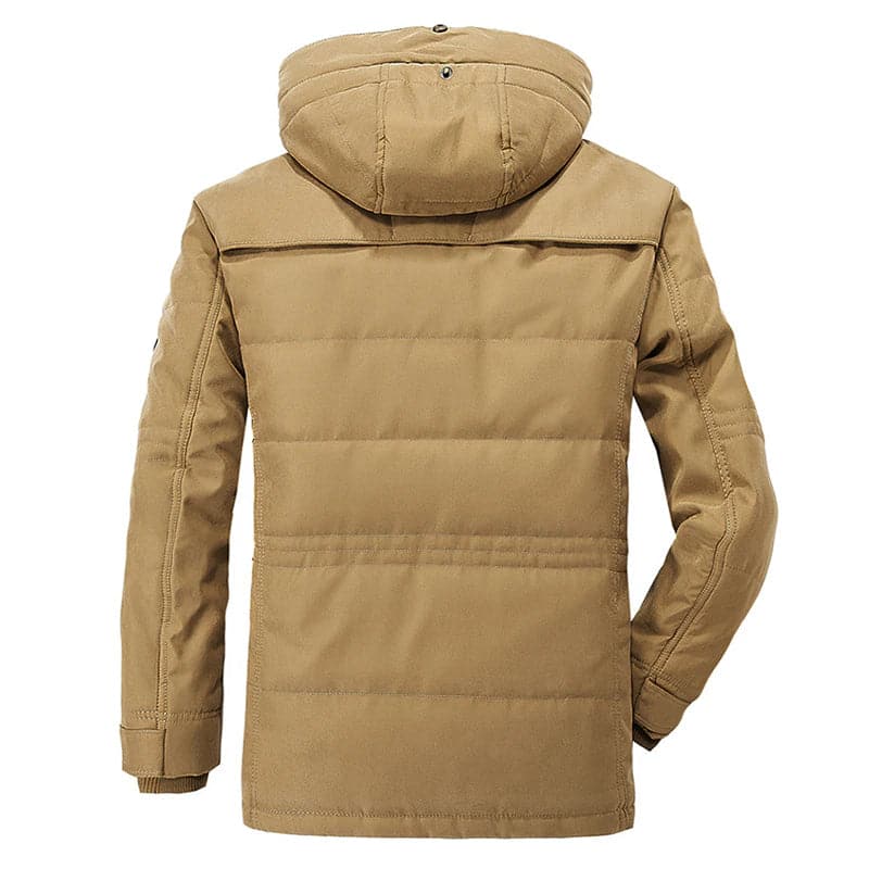 Men's hooded winter parka jacket with multiple pockets and high collar