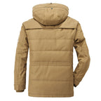 Men's hooded winter parka jacket with multiple pockets and high collar