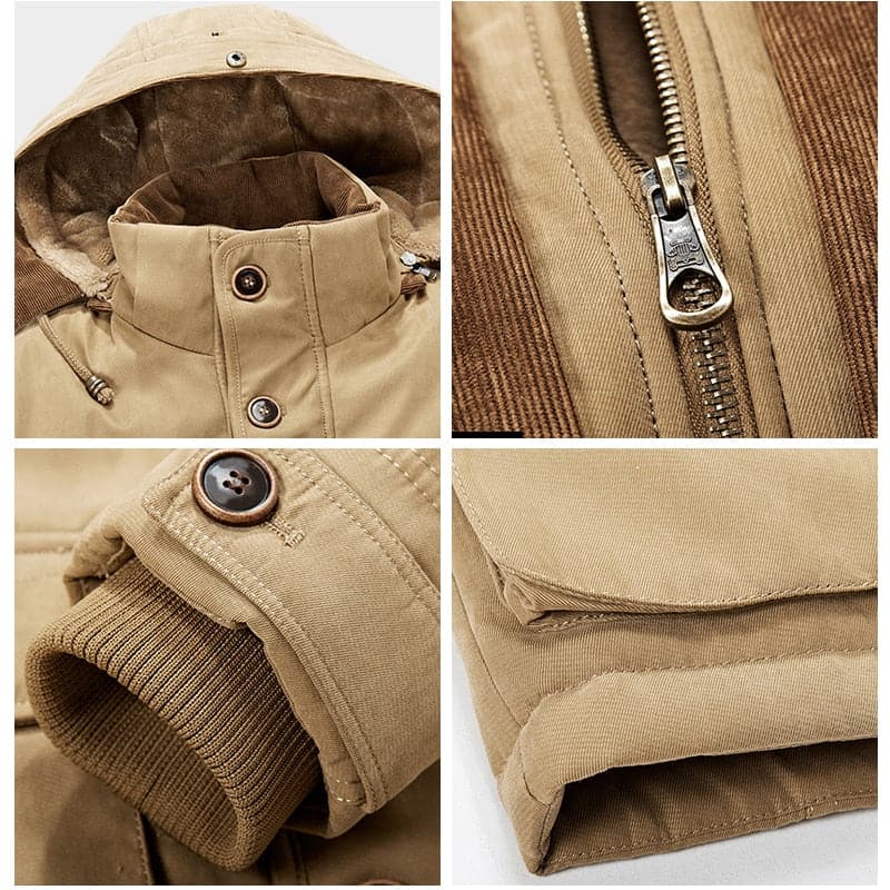 Men's hooded winter parka jacket with multiple pockets and high collar