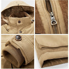 Men's hooded winter parka jacket with multiple pockets and high collar