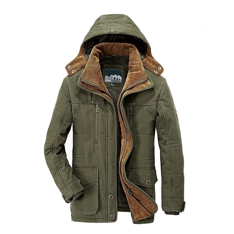 Men's hooded winter parka jacket with multiple pockets and high collar