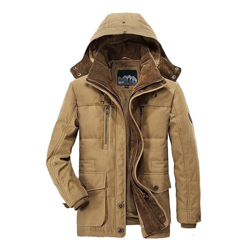 Men's hooded winter parka jacket with multiple pockets and high collar
