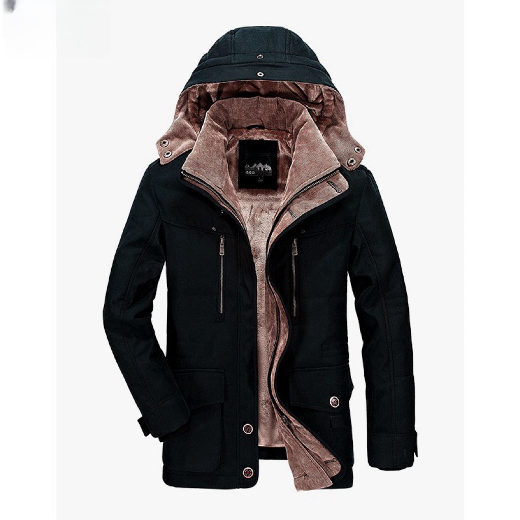 Men's hooded winter parka jacket with multiple pockets and high collar