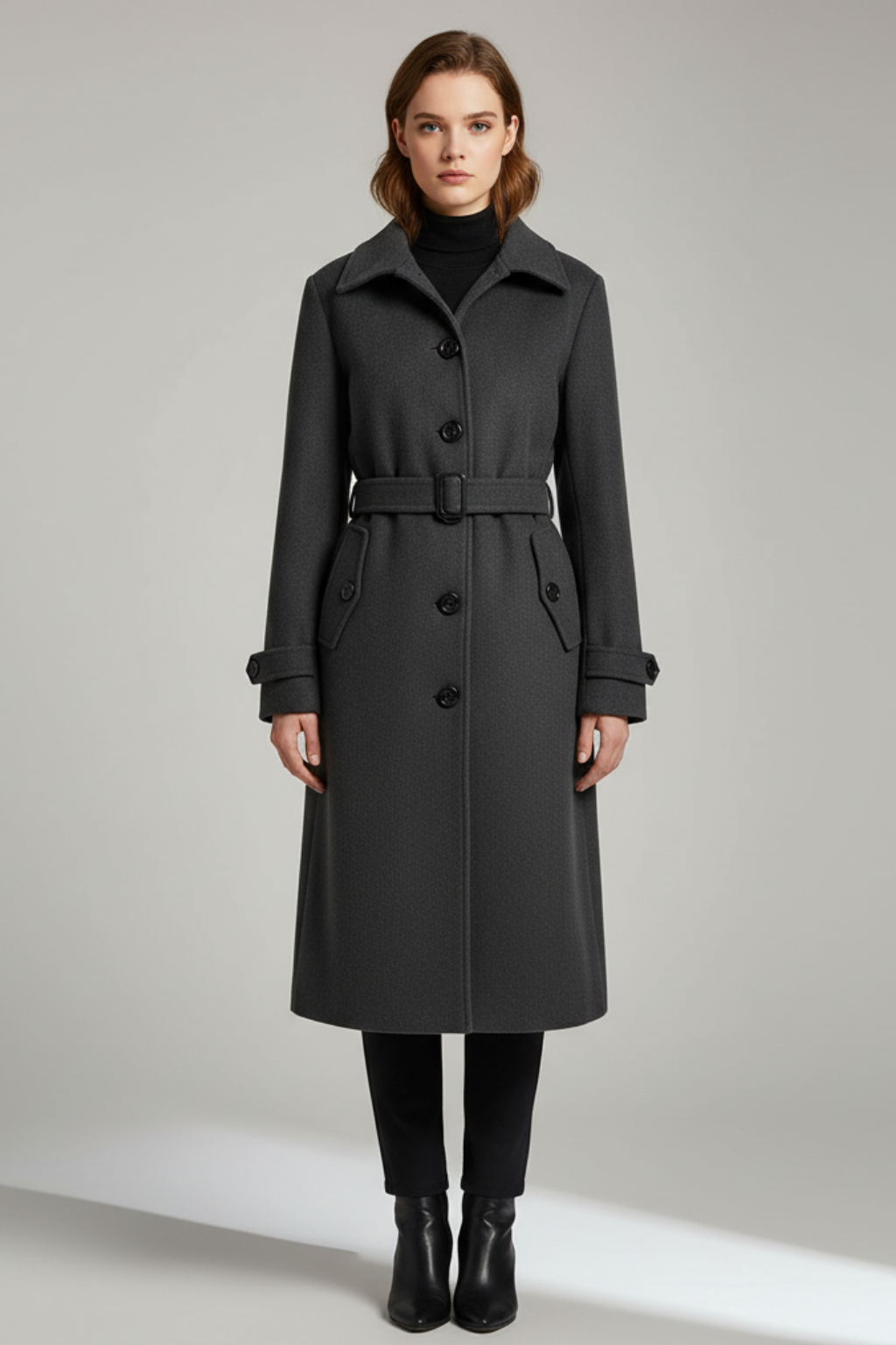 Women's long belted coat with pointed collar, button front and flap pockets