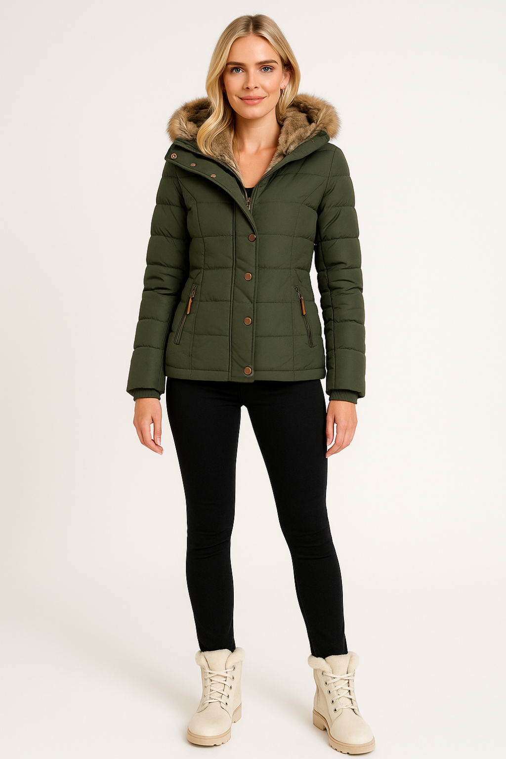 Women's padded hooded puffer coat with fur-style trim and zipped pockets