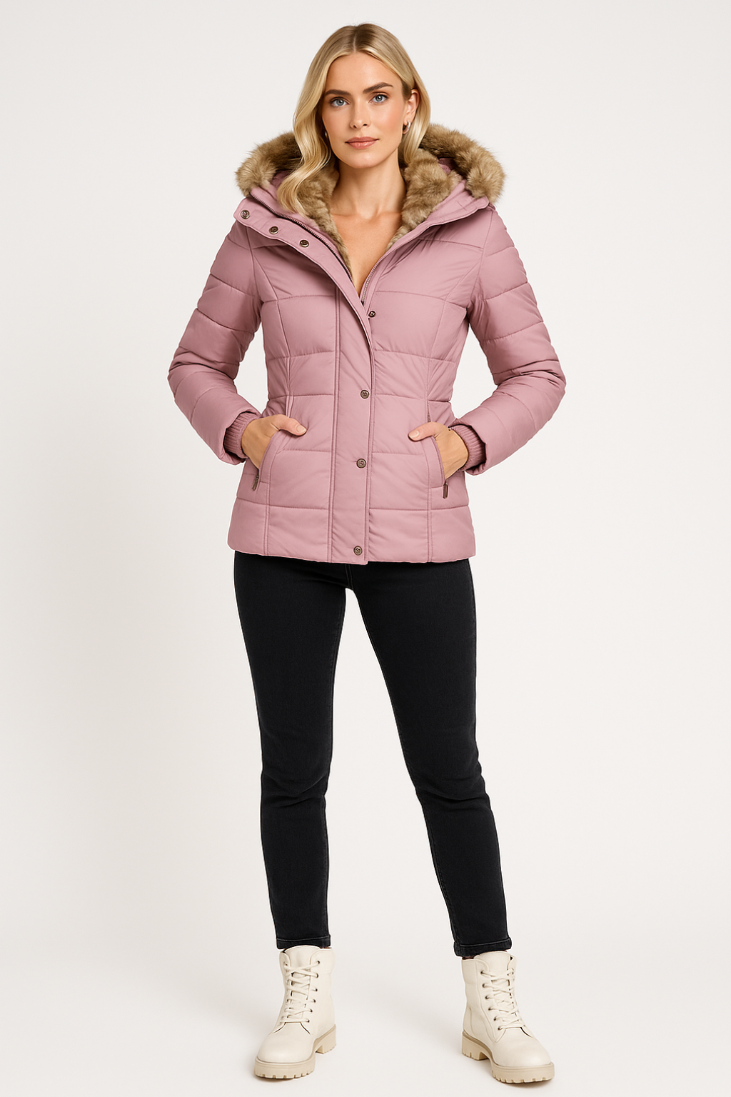 Women's padded hooded puffer coat with fur-style trim and zipped pockets