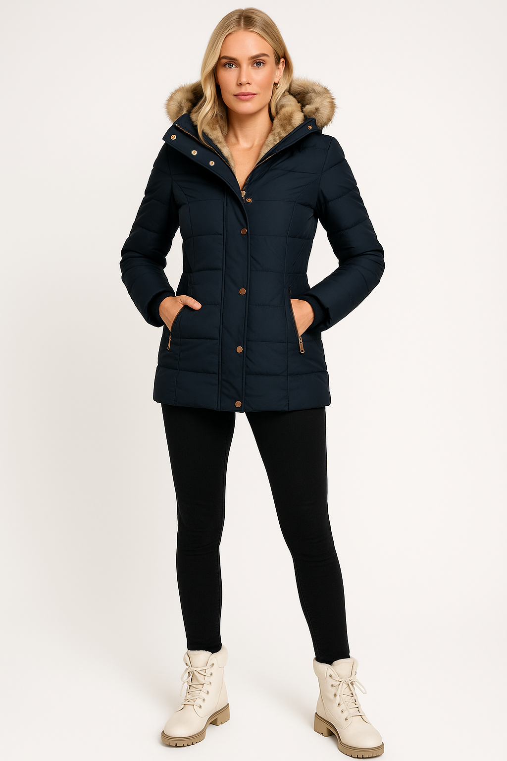 Women's padded hooded puffer coat with fur-style trim and zipped pockets