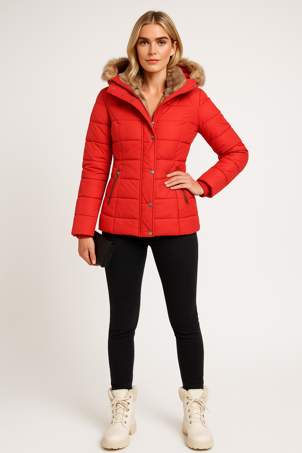 Women's padded hooded puffer coat with fur-style trim and zipped pockets