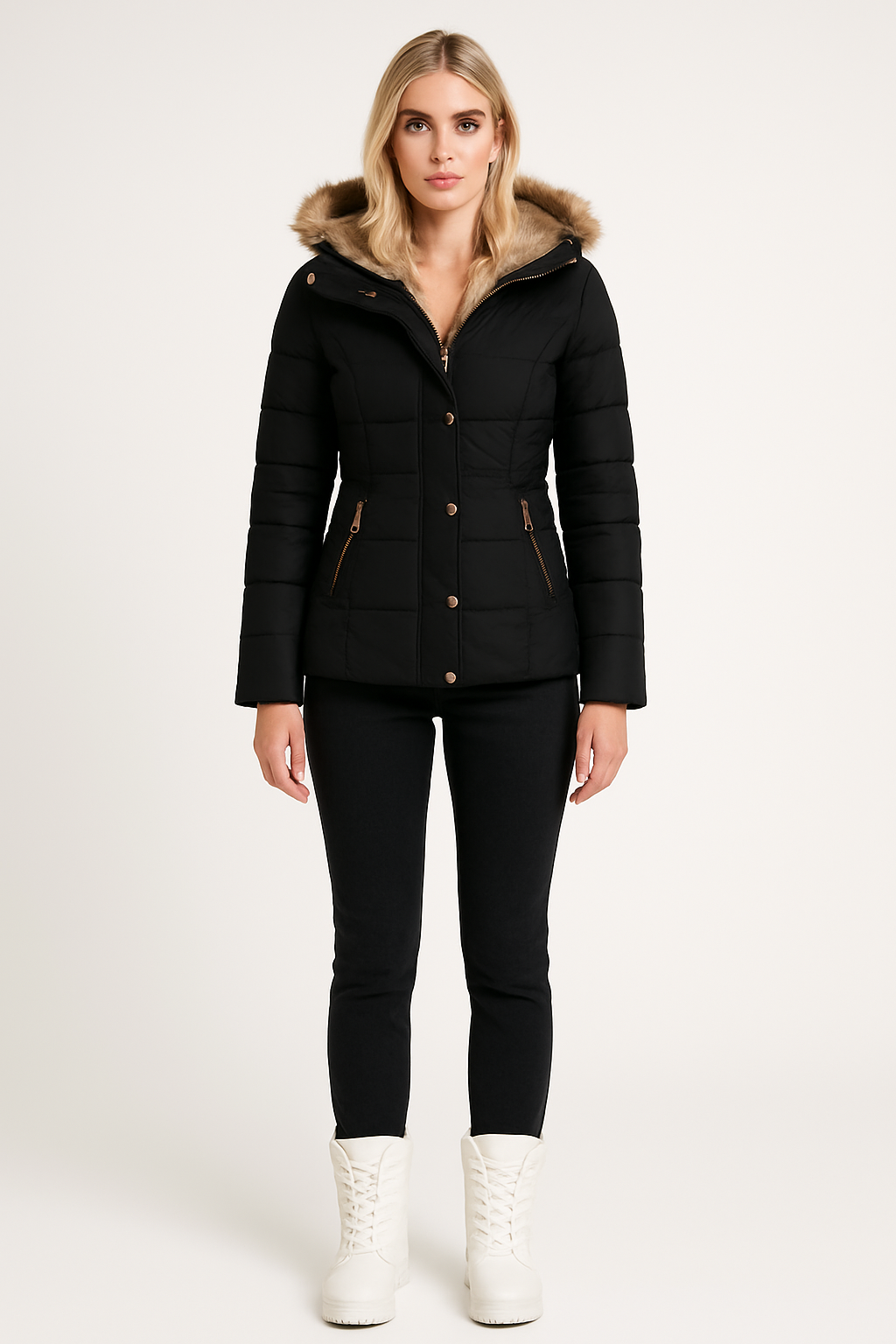 Women's padded hooded puffer coat with fur-style trim and zipped pockets