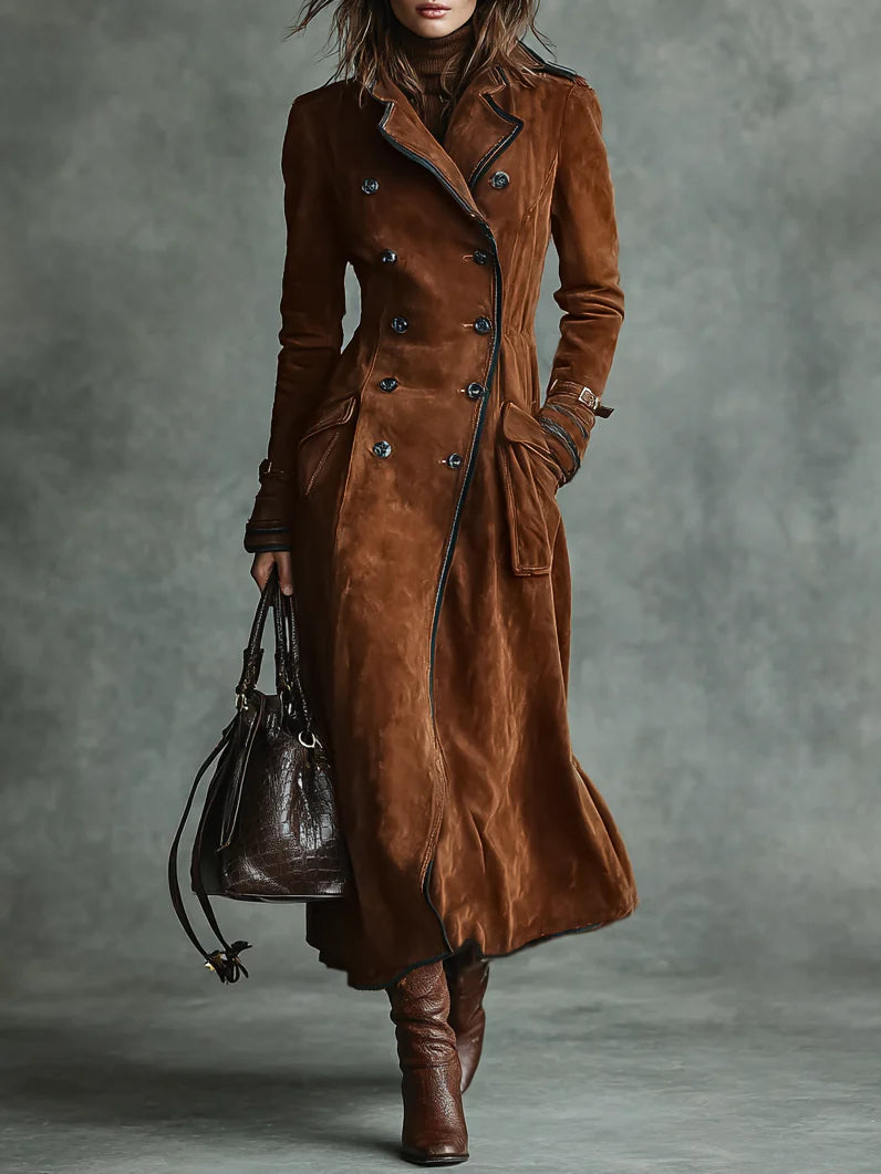 Women's brown double-breasted long coat with black trim and belt