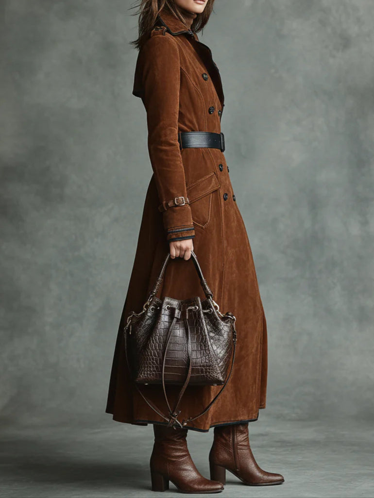 Women's brown double-breasted long coat with black trim and belt