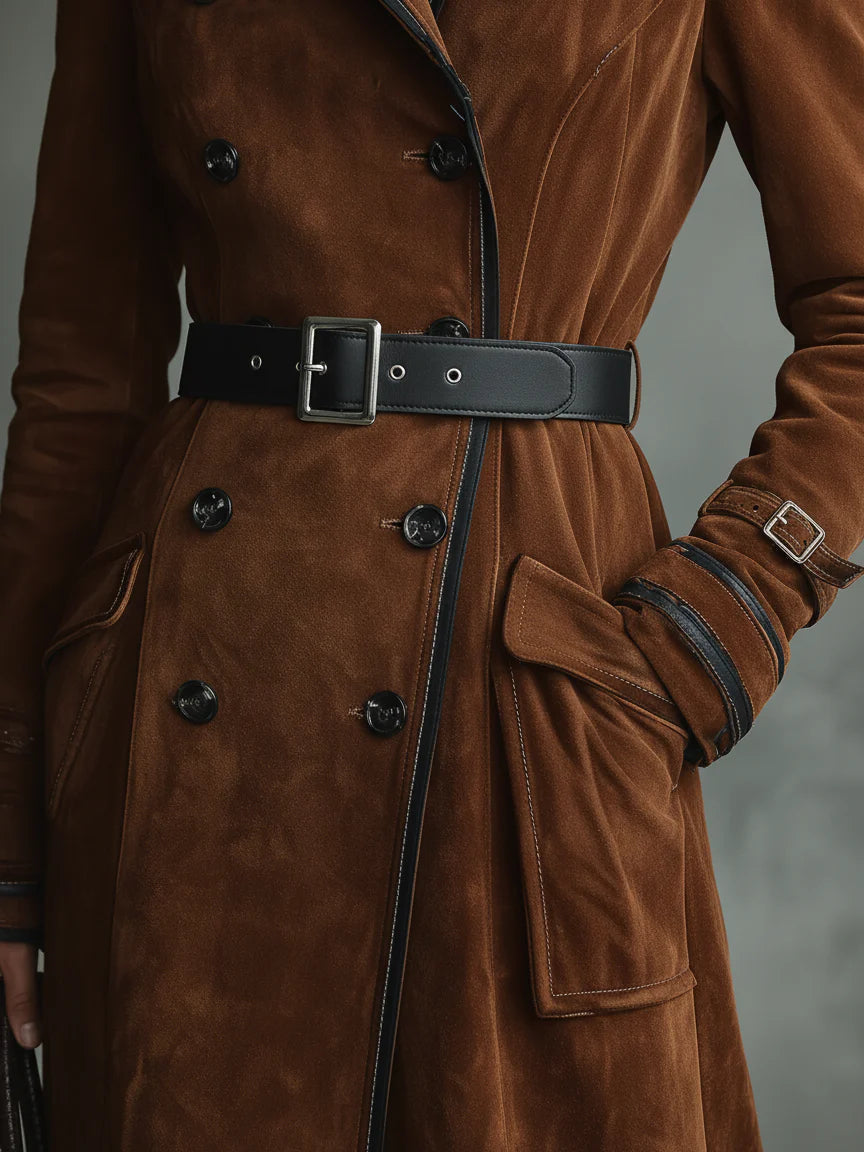 Women's brown double-breasted long coat with black trim and belt