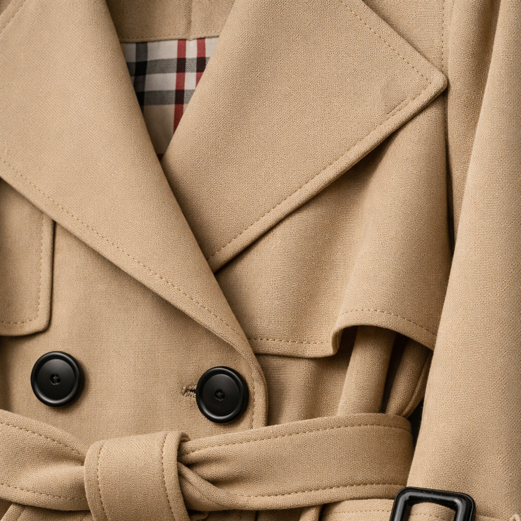Women's belted double-breasted trench coat with long sleeves and checked lining