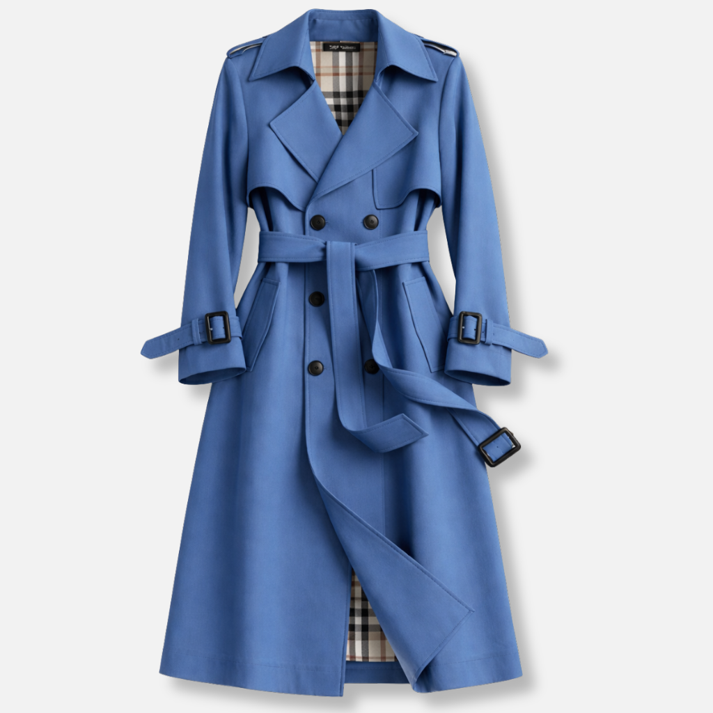 Women's belted double-breasted trench coat with long sleeves and checked lining