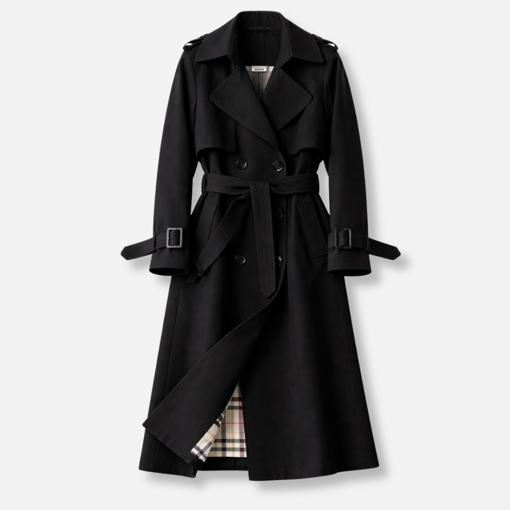 Women's belted double-breasted trench coat with long sleeves and checked lining