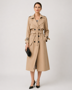 Women's belted double-breasted trench coat with long sleeves and checked lining