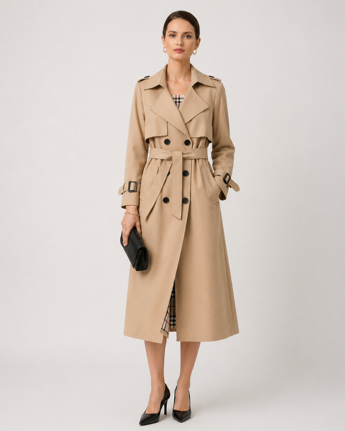 Women's belted double-breasted trench coat with long sleeves and checked lining